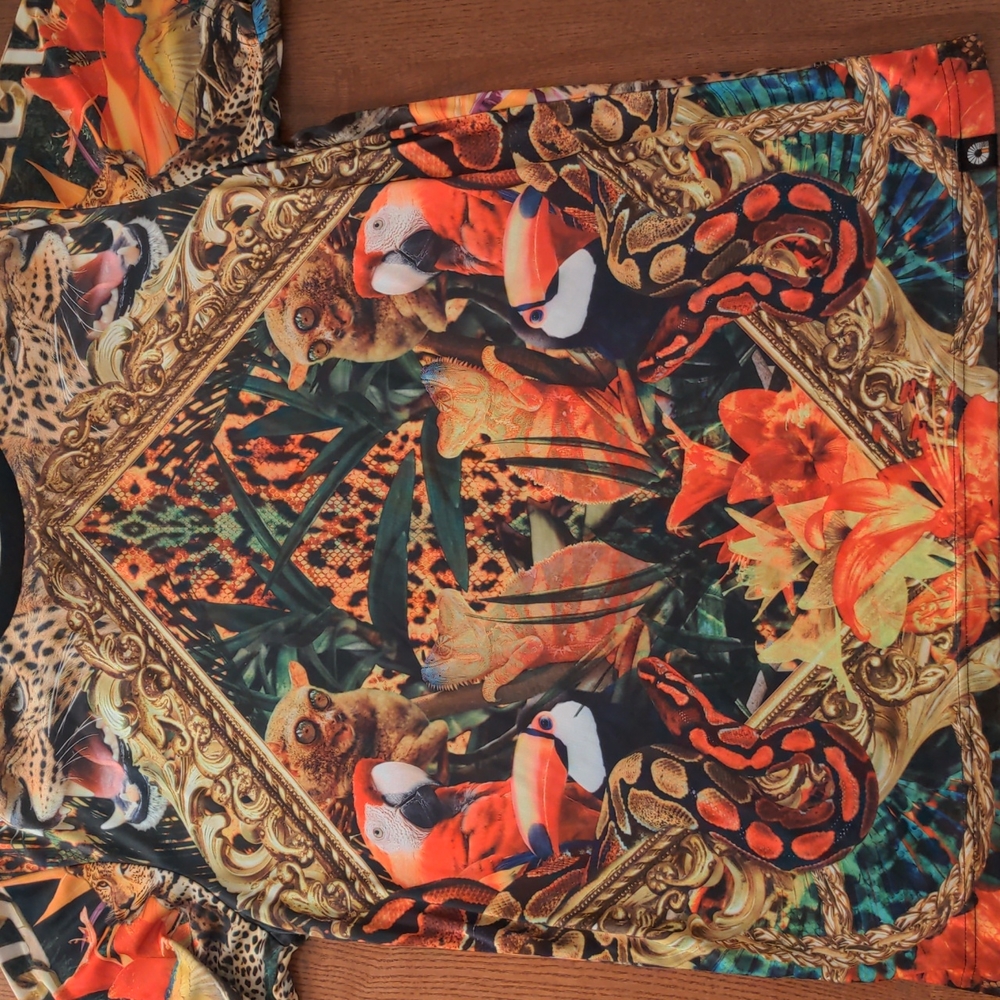Exotic Animal Jungle Tshirt Monkeys Parrots Jaguar Waterfall Chameleon Lemur